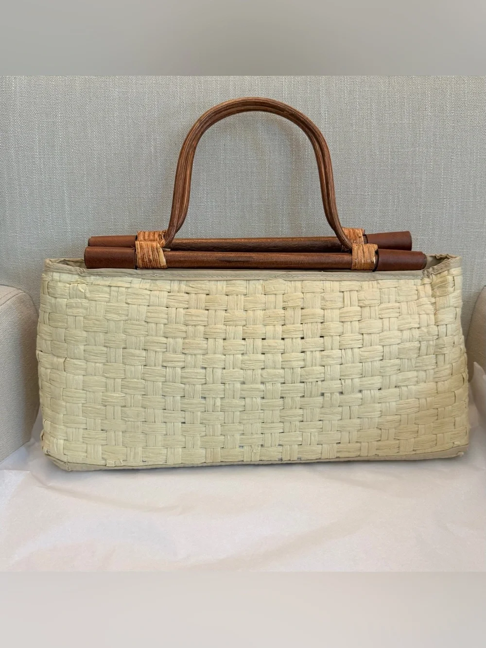 Jessica McClintock Vintage Woven Straw Bamboo Handle Handbag Coastal Summer Bag